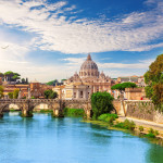 St Peter's Cathedral behind the Aelian Bridge, Rome, Italy.