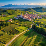 Aerial Italian landscape of Friuli venezia Giulia up to Dolomites with Collio wine making region in the foreground