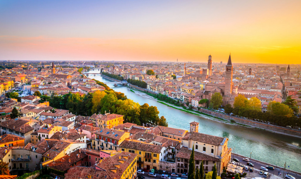 Beautiful sunset aerial view of  Verona, Veneto region, Italy.