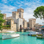 Romantic Rocca Scaligera, castle on the island of Sirmione, Lake Garda, Italy