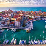 Town of Grado colorful central channel harbor aerial sunset view, Friuli-Venezia Giulia region of Italy