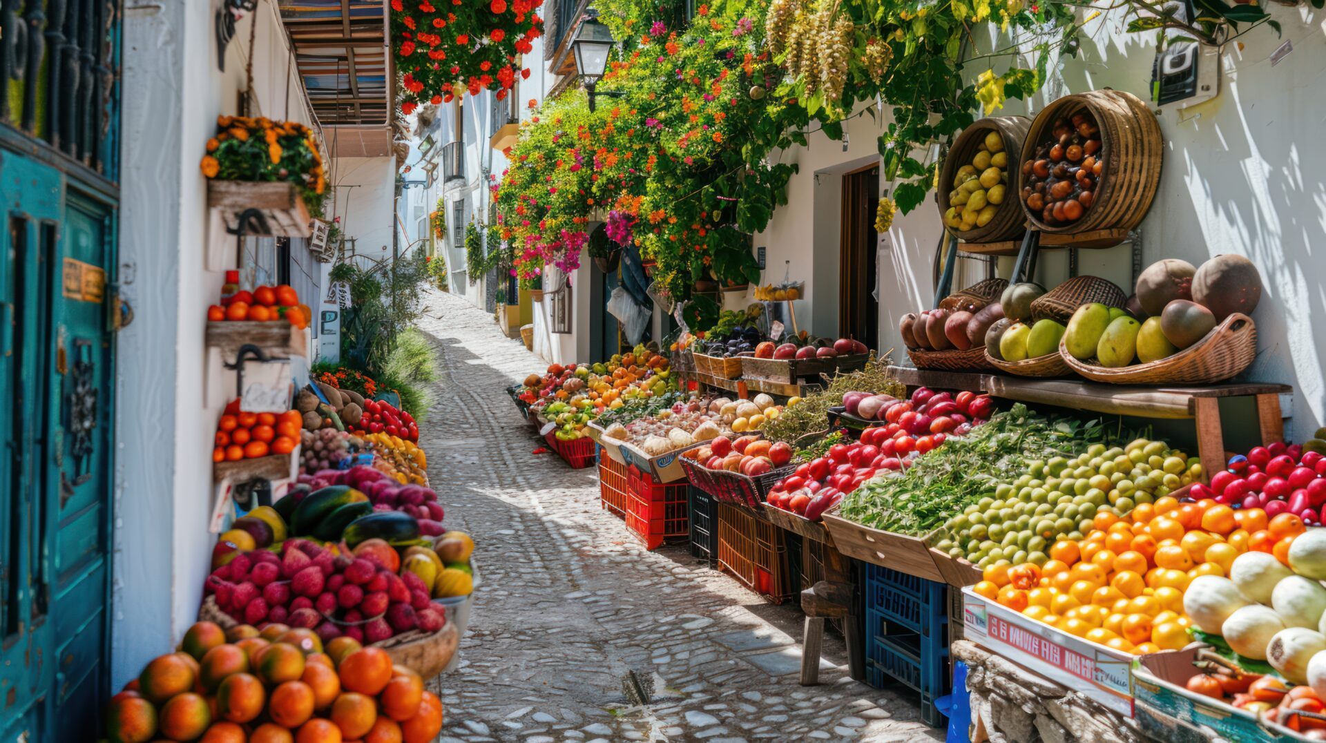 street outdoors market of natural products small local farmer shop of fruits vegetables in street of spanish city in sunny day detail of spain --ar 16:9 --style raw --stylize 300 Job ID: 75099660-1469-4b9a-86b8-60ab98d752b0