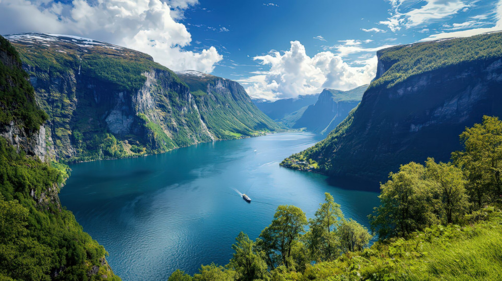 Scenic Fjord Landscape with Boat and Mountains.