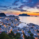 Top view of the city of Alesund at sunset . Norway