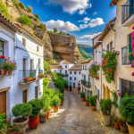 Ancient whitewashed houses stacked upon limestone cliffs, narrow cobblestone streets, and vibrant flowers create a